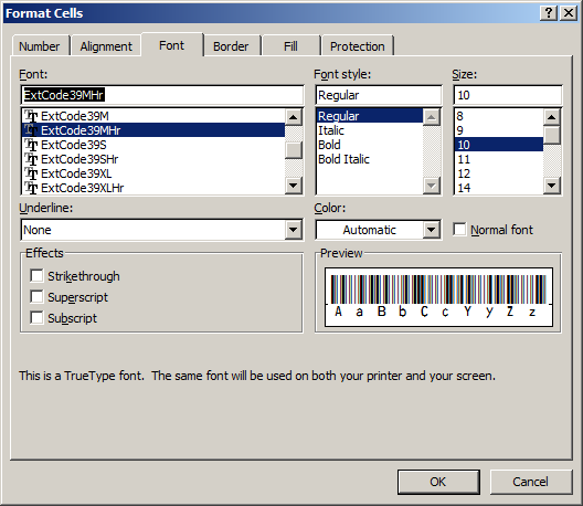 Code39 Extended Barcode unter MS Excel, MS entrance und